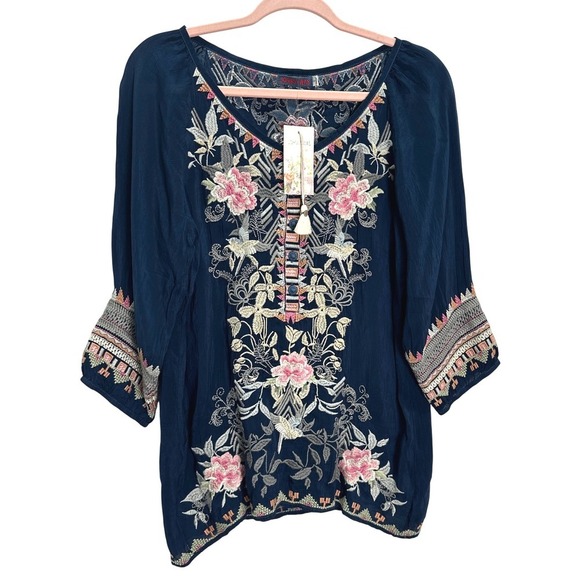 Johnny Was Mari Blouse Navy Blue Floral Embroidered 3/4 Sleeve Bohemian Top Sz S - Picture 2 of 8
